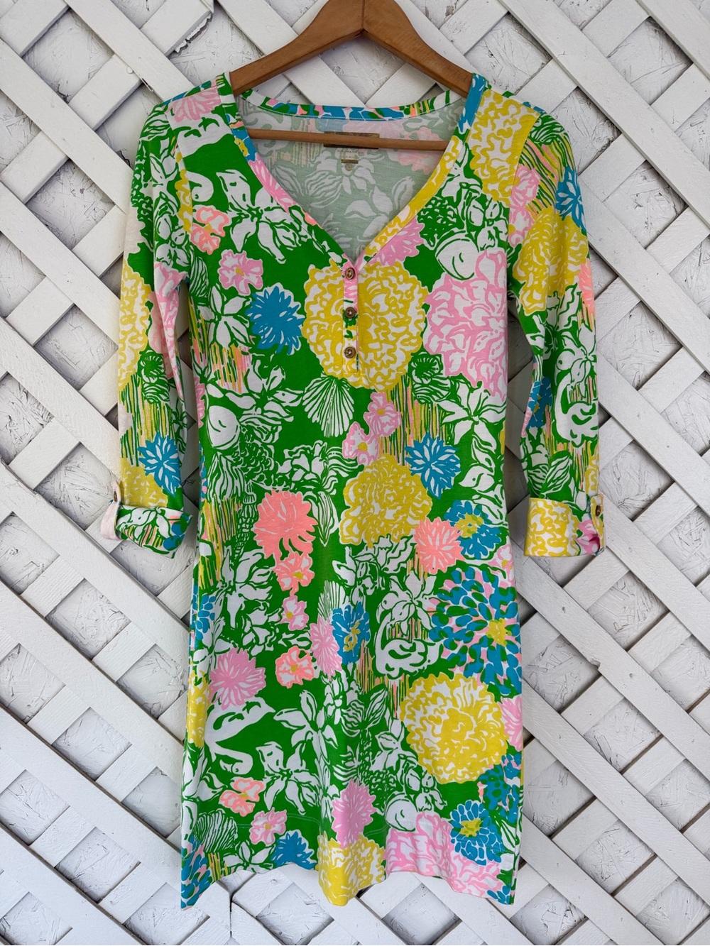 Lilly Pulitzer Green Floral Pima Cotton Shirt Dress Mini XS